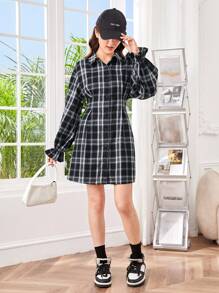SHEIN 青少女檢查紋折疊領襯裙短袖a字裙系腰長裙 - 黑與白 - 查看 6