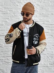 Manfinity Homme 男式大码彩色块字母刺绣植绒纽扣夹克 - 彩色 - 查看 4