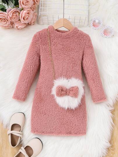 SHEIN Young Girl Solid Teddy Dress With Bag