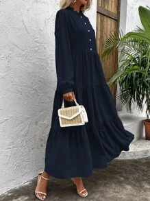 SHEIN Clasi 純色紐帶裝飾荷葉邊連身裙 - 藏蓝色 - 查看 7