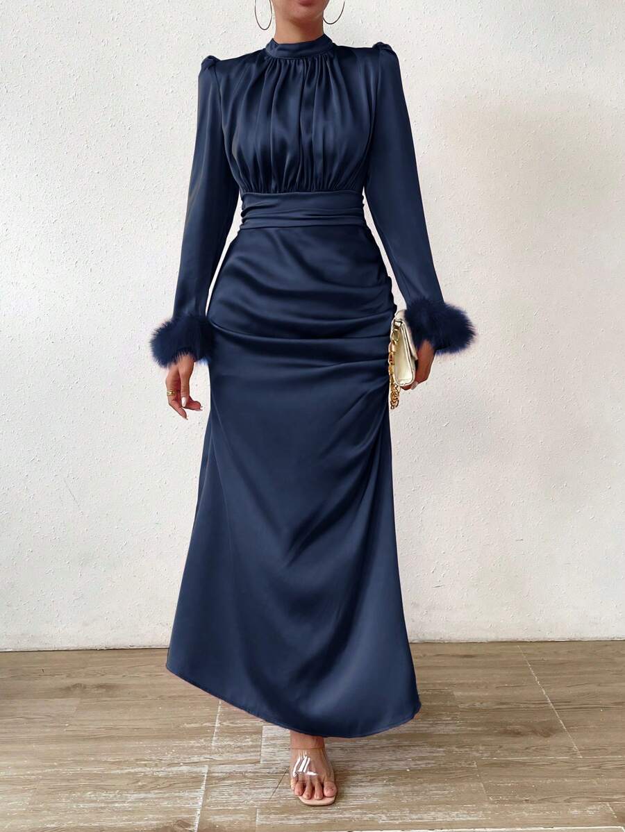 Chiquease Patchwork Ruffle Edge Pleated Half Turtleneck Dress Maxi Women Outfit - Royal Blue - View 1