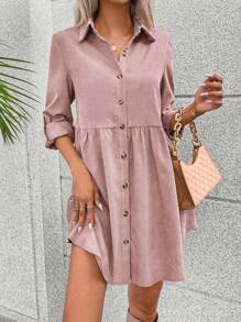 SHEIN VCAY Của phụ nữ Cuộn tay áo Váy sơ mi - Bụi hồng - Xem 3