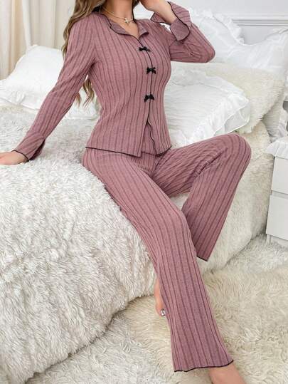 Roze Rib Knit Neck Button Front Pajama Set Cozy Elegante s, Fall Clothes view 4