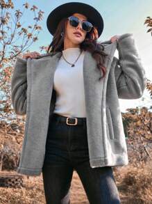 SHEIN Essnce 女式帶斜口袋帽t長袖外套 - 深灰色 - 查看 5