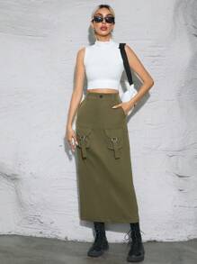 SHEIN Essnce 女士純色拼接口袋後分裂中長款裙子 - 軍綠色 - 查看 5