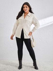 SHEIN Essnce 大尺寸拉鍊口袋半扣衫 - 米色 - 查看 5