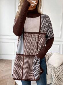 SHEIN LUNE Women's Plaid Hem Slit Knit Pullover Fall Winter Sweater - Multicolor - View 5