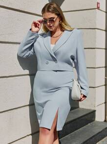 SHEIN Cottnline Plus Double Button Blazer & Split Hem Skirt - Baby Blue - View 2