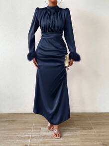 Chiquease Patchwork Ruffle Edge Pleated Half Turtleneck Dress Maxi Women Outfit - Royal Blue - View 5