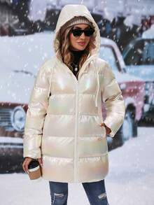 SHEIN Clasi Của phụ nữ Sáng bóng Laser áo có mũ Dây rút Áo lông Jacket - Màu be - Xem 4