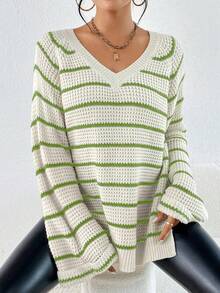 Chiquease Striped Pattern Raglan Sleeve Split Hem Sweater - Multicolor - View 6