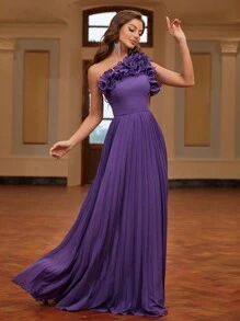 SHEIN Belle Vestido formal elegante con cuello asimétrico, con volantes y pliegues, ideal para graduación, fiesta de cena, boda como invitada - Morado - Ver 4