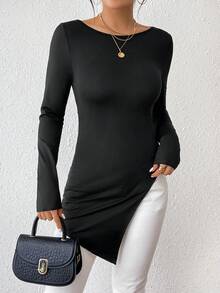 SHEIN Privé Của phụ nữ Thon gọn Kiểu Dài Áo thun Với Bên Khe - màu đen - Xem 6
