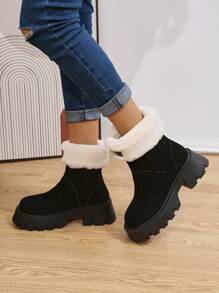 女新款黑色絨布防滑雪靴歐美韓時尚款冬季戶外防冷保暖靴子短靴機車靴毛皮靴 - 黑色 - 查看 2