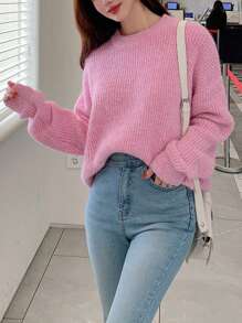 DAZY Áo len cổ tròn tay trễ vai màu trơn, áo dài tay mùa thu - Hồng - Xem 4