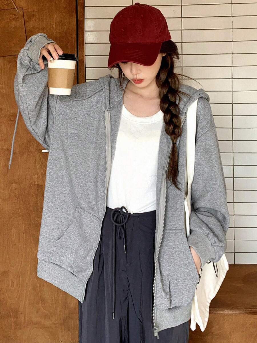 DAZY Chất rắn Thả vai Dây rút Hoodie - Màu Xám nhạt - Xem 1