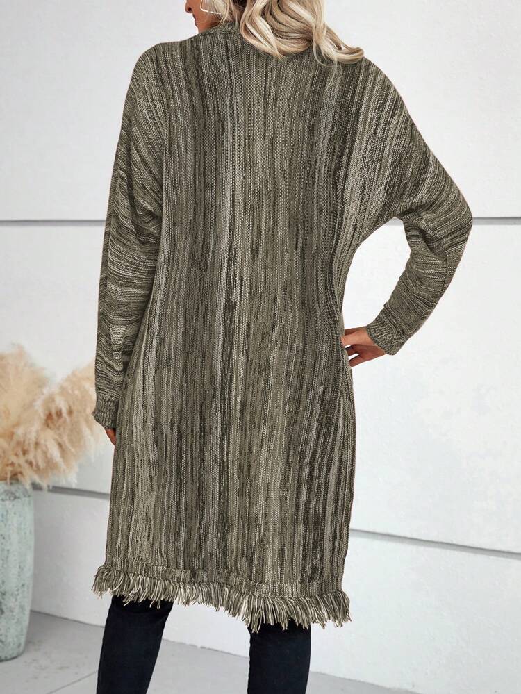 Cardigan With Fringed Hem And Multicolor Yarn Accents