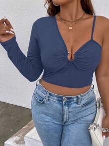 SHEIN Unity 大码女式纯色性感修身系带不对称单肩金属环衬衫 - 寶藍色 - 查看 5