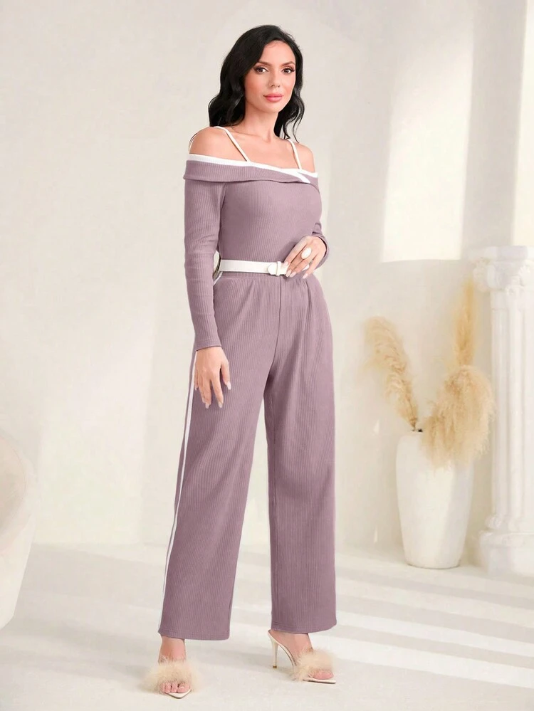 Women's Shoulder-Shoulder Contrasting Top And Trousers Two-Piece Set 2 Piece Set