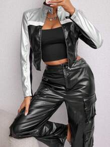 SHEIN PETITE Letter Patched Colorblock Zip Up Crop PU Leather Jacket - Silver - View 3