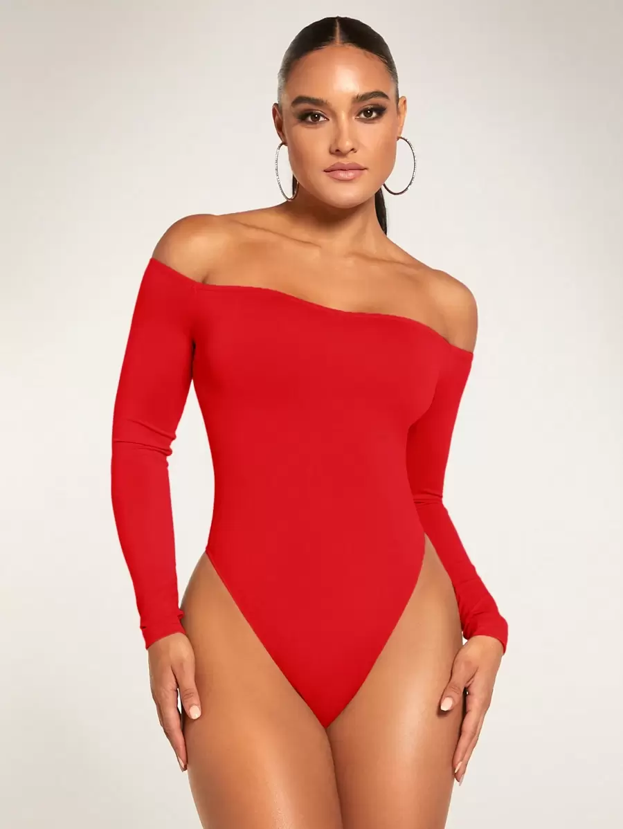 Silquee Solid Off Shoulder Bodysuit - Red - View 1