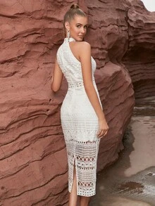 Halterneck Sleeveless Split Back Guipure Lace Cocktail Party Bodycon Dress - White - View 2