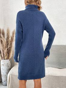 SHEIN Clasi Turtleneck Drop Shoulder Sweater Dress - Navy Blue - View 2
