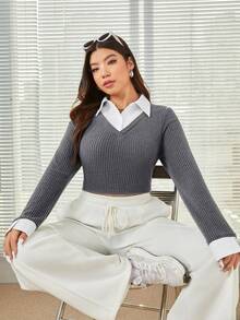 SHEIN EZwear 顯瘦外穿2合1大尺碼t恤,色塊拼接,有落肩設計和便利的撞色翻領 - 深灰色 - 查看 4