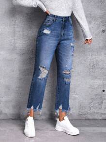 SHEIN Distressed Denim Jeans - Dark Wash - View 1