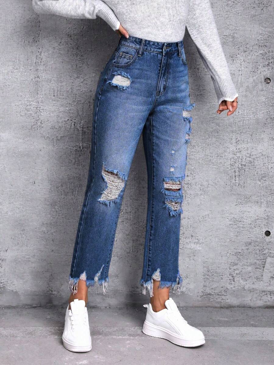SHEIN Distressed Denim Jeans - Dark Wash - View 1
