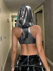 SHEIN ICON Solid Crop Hooded Metallic Tank Top - Silver - View 2