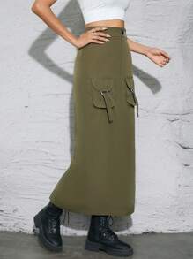 SHEIN Essnce 女士純色拼接口袋後分裂中長款裙子 - 軍綠色 - 查看 6