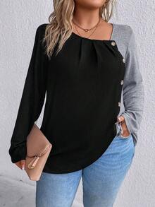 Plus Size Colorblock Button Placket Long Sleeve T-shirt - Black - View 3