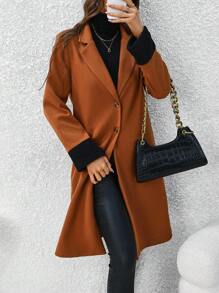 SHEIN Clasi 女士單排釦兩色袖口羊毛大衣 - 咖啡棕 - 查看 1