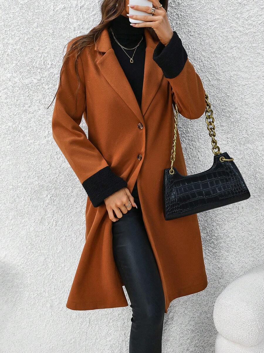 SHEIN Clasi 女士單排釦兩色袖口羊毛大衣 - 咖啡棕 - 查看 1