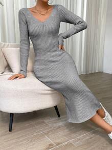 SHEIN Essnce Ribbed Knit Sweater Dress - Dark Grey - View 6