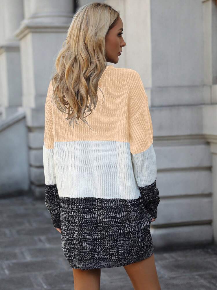 Women's Color Block Drop Shoulder Sweater Dress Fall Cloth For Women