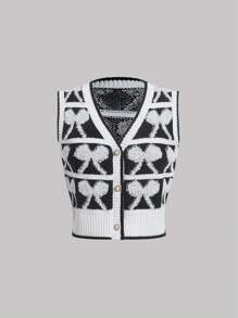 SHEIN MOD Mô hình cung Nút phía trước Áo len vest - Đen và trắng - Xem 1