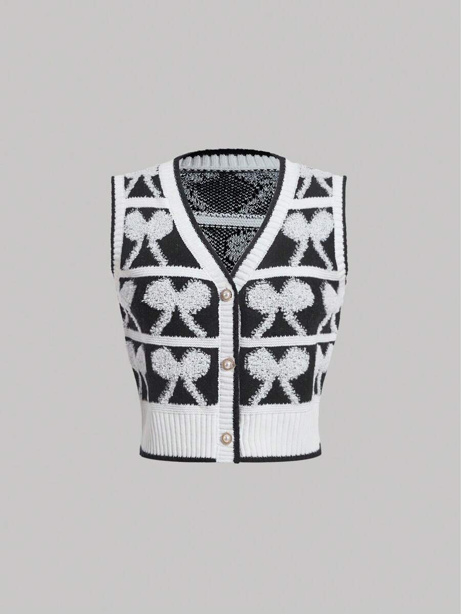 SHEIN MOD Mô hình cung Nút phía trước Áo len vest - Đen và trắng - Xem 1
