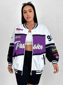 SHEIN Coolane 大碼字母圖案落肩袖飛行員夾克 - 紫色 - 查看 3