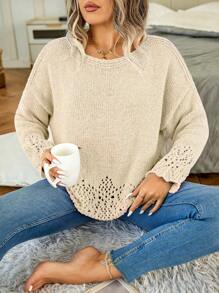 Calvaya Kích thước lớn Màu thuần Xu hướng: Cắt giảm Thả vai Áo len - Màu be - Xem 3