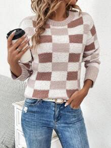 SHEIN LUNE Plaid Pattern Drop Shoulder Knit Pullover Fall Winter Sweater - White - View 6