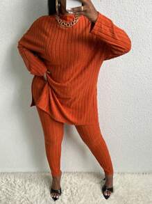 Slaydiva Hơn Cổ giả Thả vai Viền chia cắt Áo thun và Leggings - màu nâu - Xem 5