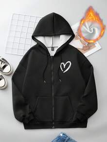 SHEIN Essnce Thả vai áo có mũ Lông cừu Áo nỉ Với dây rút - màu đen - Xem 4