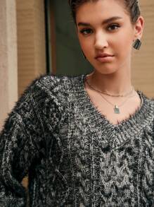 Anewsta Cable Knit Drop Shoulder Sweater - Black - View 8