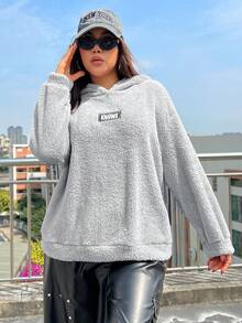 SHEIN Coolane 加大码字母拼接落肩泰迪卫衣 - 灰色 - 查看 6