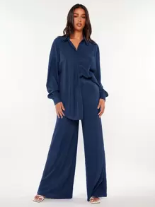 SHEIN Tall 落肩袖襯衫&闊腿褲 - 藏蓝色 - 查看 4
