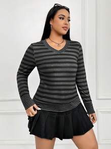 SHEIN EZwear Women's Plus Size Striped V-neck T-shirt - Dark Grey - View 4