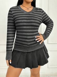 SHEIN EZwear Women's Plus Size Striped V-neck T-shirt - Dark Grey - View 5