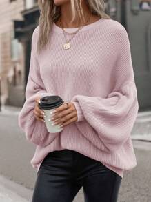 SHEIN LUNE Batwing Sleeve Ribbed Knit Sweater - Pink - View 5